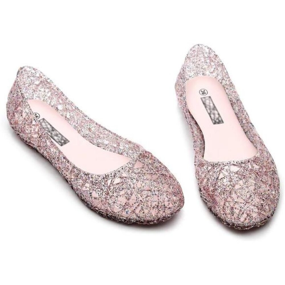 Women's Jelly Sandals, White Jelly Shoes Glitter Flats for Women